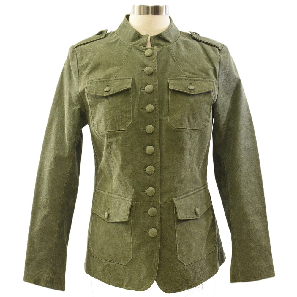 Y2K Vintage Olive Green Suede Utility Jacket Womens M 8 Military Stand Collar